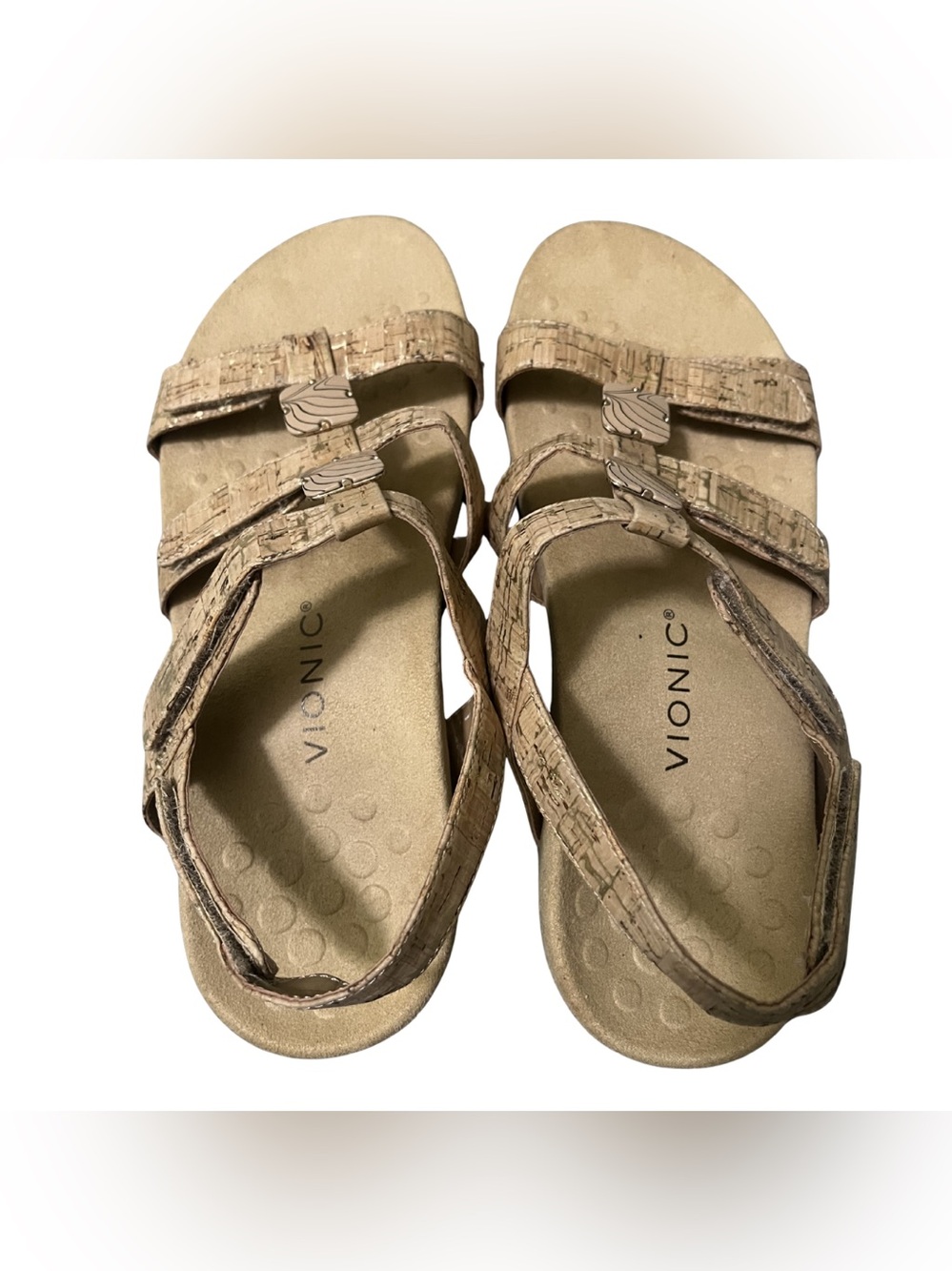 Vionic Amber Gold Cork Sandals Womens 11 Wide Beaded Beachy Orthotic Resort Boho - Picture 4 of 6